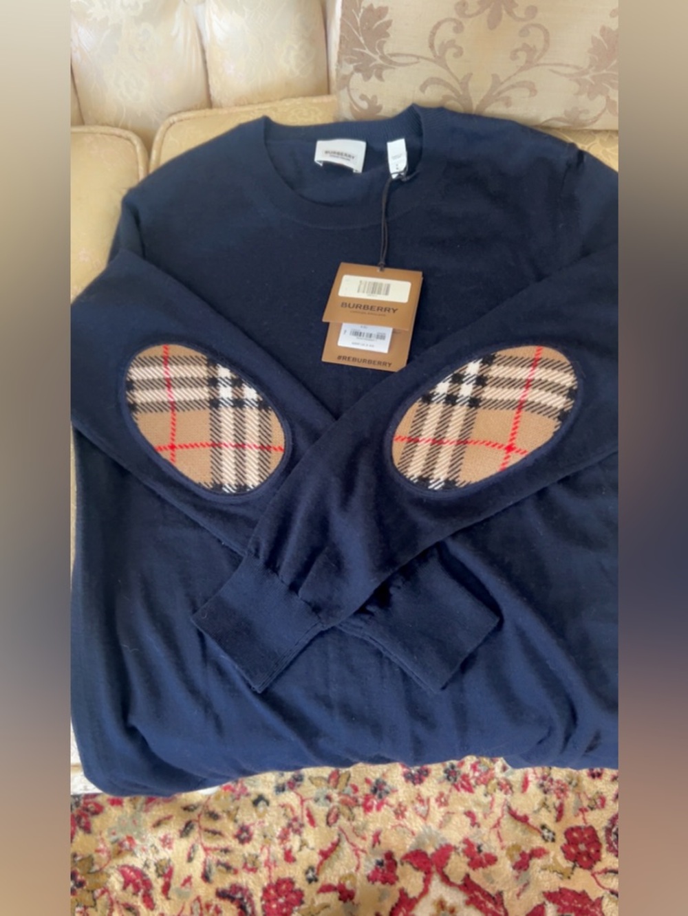 NWT Burberry Navy Sweater size small with Iconic Check Elbow Patches